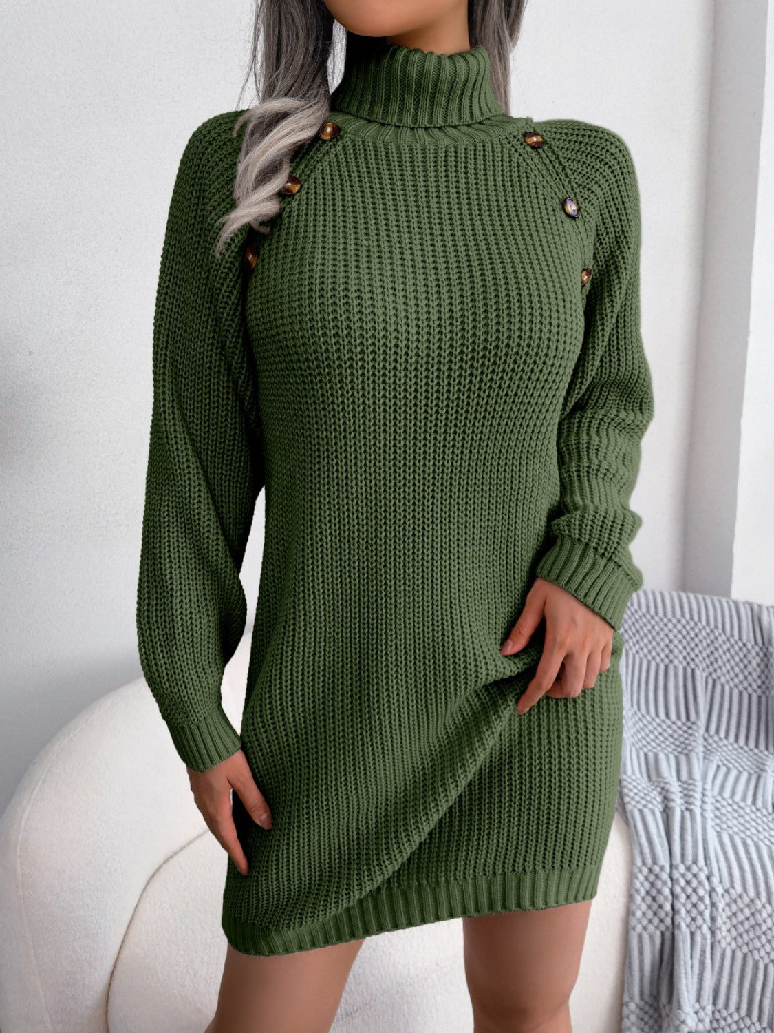 Decorative Button Turtleneck Sweater Dress - ViarousViarousViarous