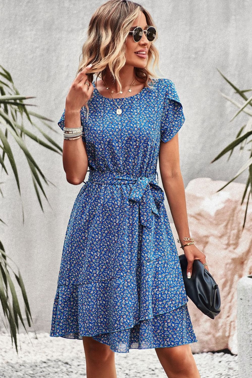 Devine Belted Round Neck Petal Sleeve Mini Dress - ViarousViarousViarous
