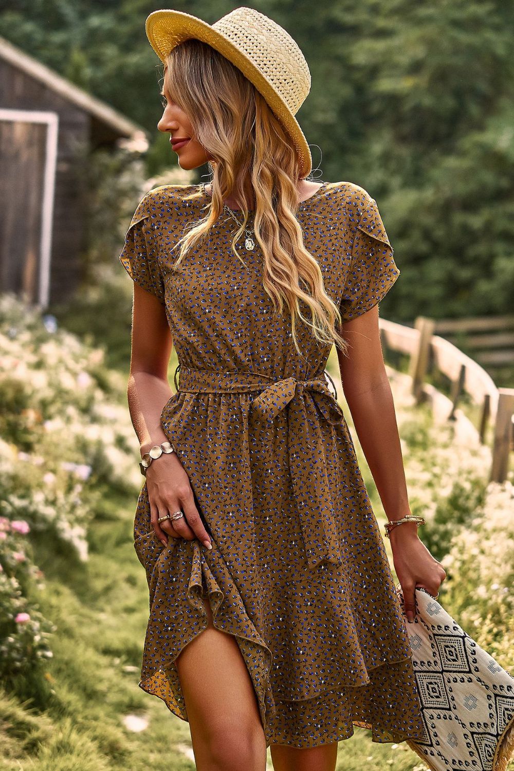 Devine Belted Round Neck Petal Sleeve Mini Dress - ViarousViarousViarous