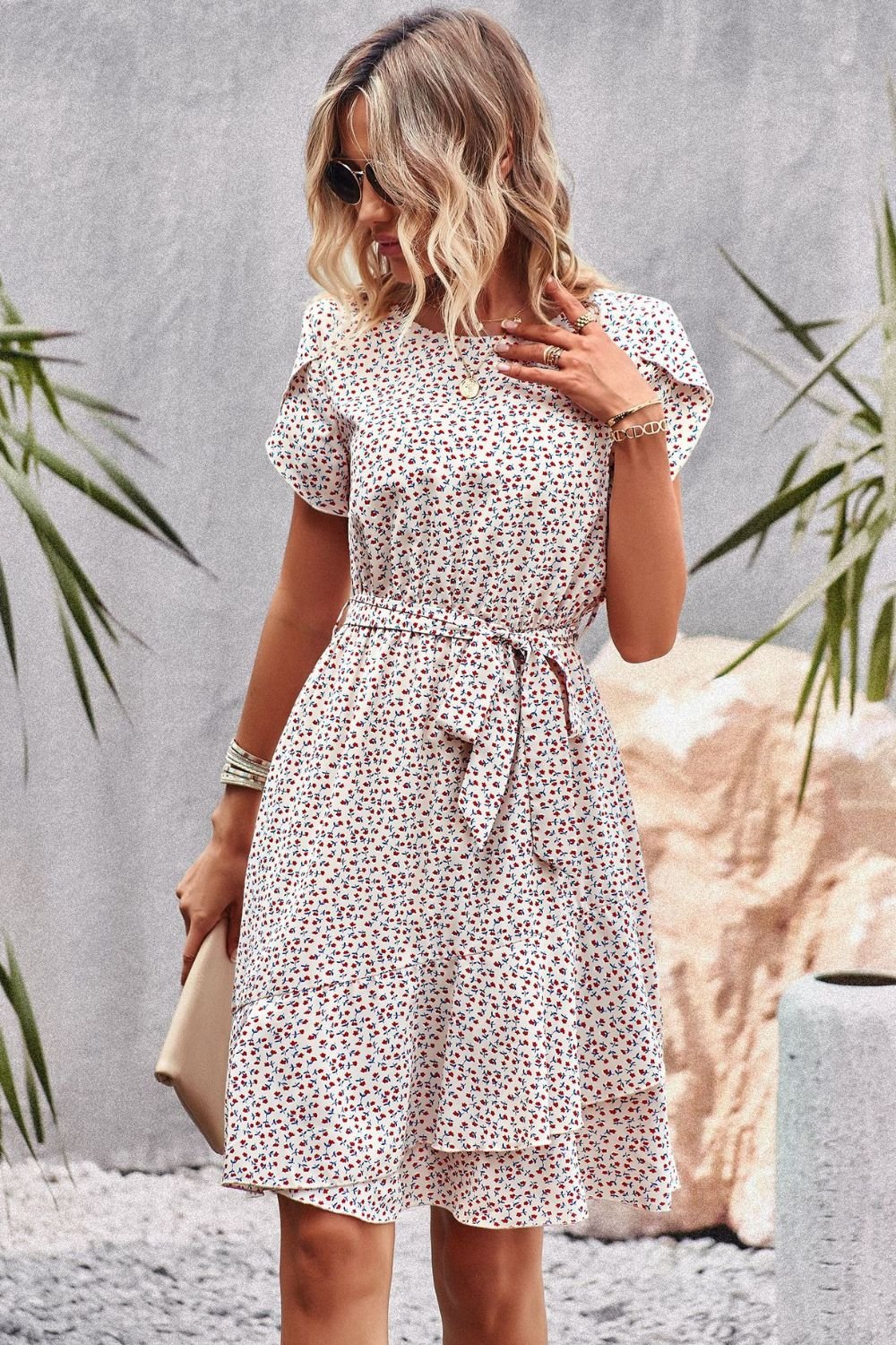 Devine Belted Round Neck Petal Sleeve Mini Dress - ViarousViarousViarous
