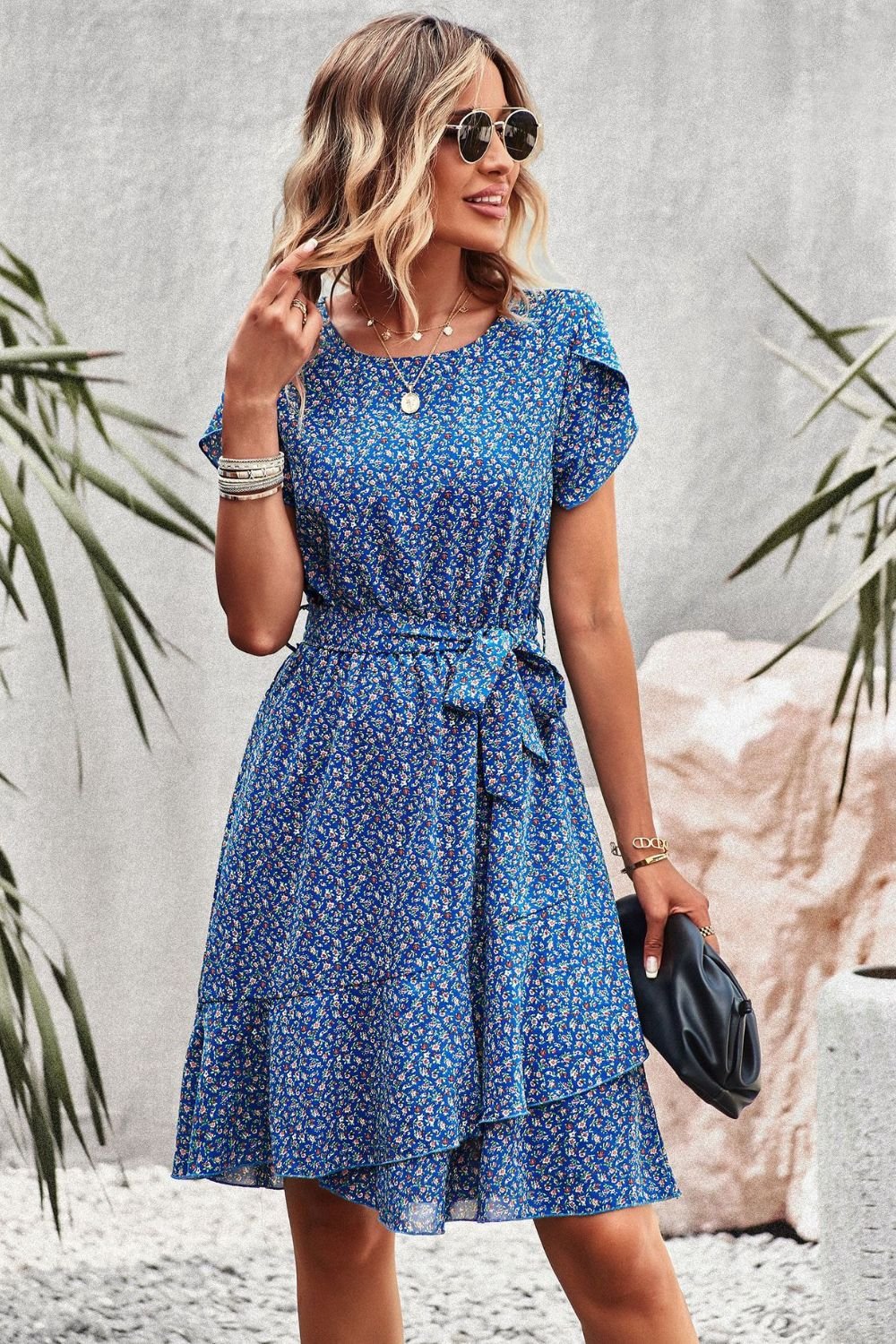 Devine Belted Round Neck Petal Sleeve Mini Dress - ViarousViarousViarous
