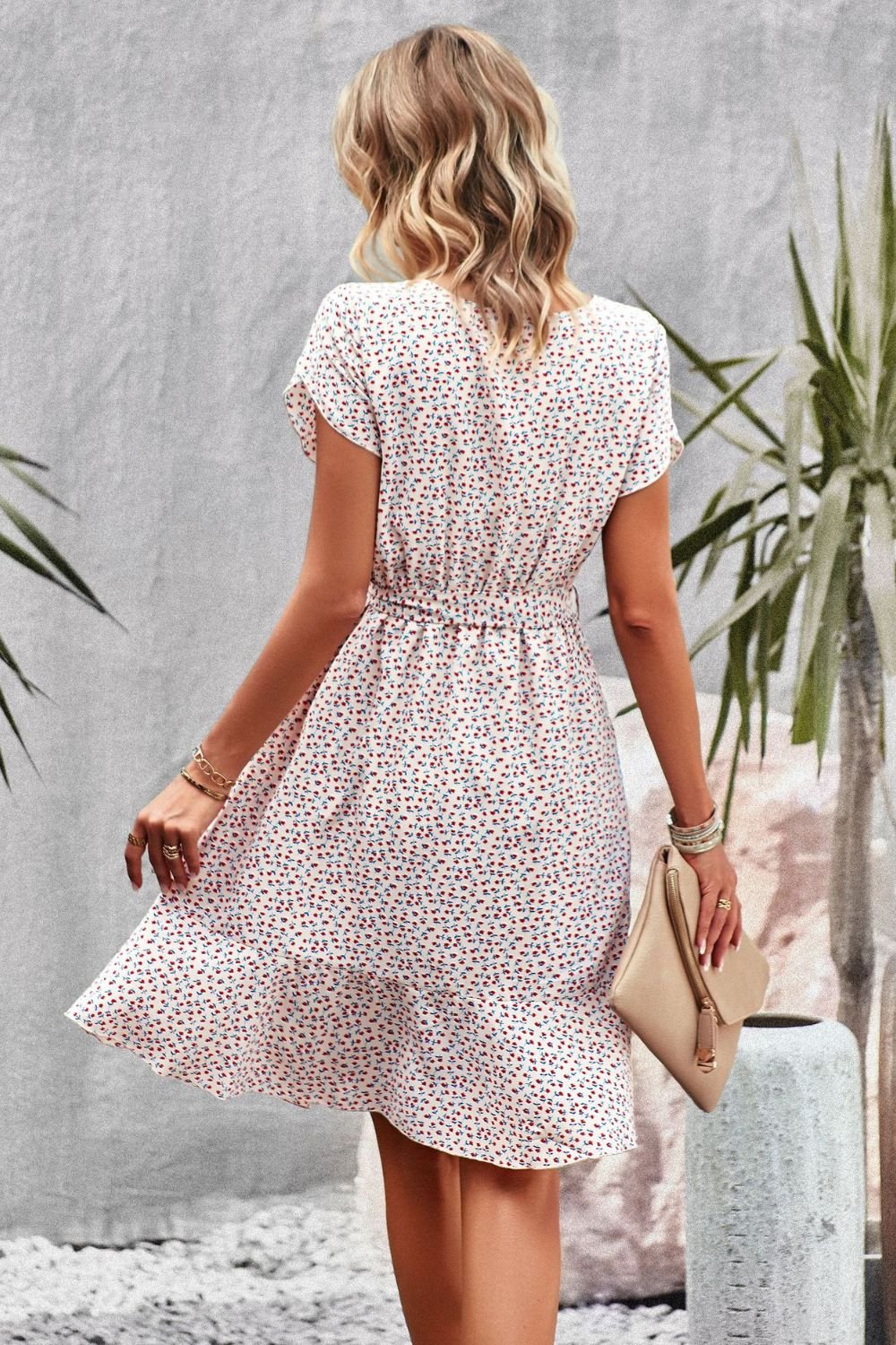 Devine Belted Round Neck Petal Sleeve Mini Dress - ViarousViarousViarous