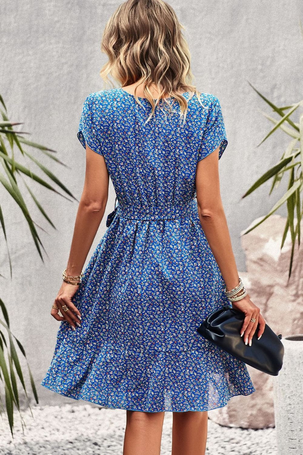 Devine Belted Round Neck Petal Sleeve Mini Dress - ViarousViarousViarous