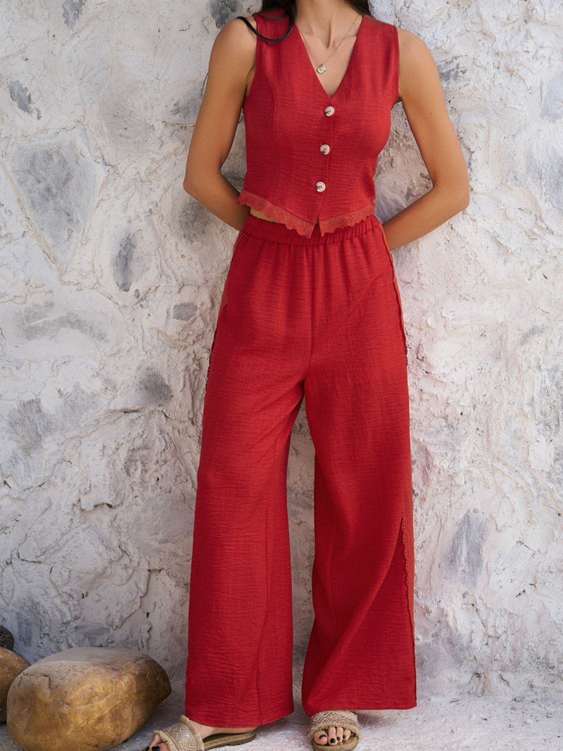 Devine Button Down Lace Detail Vest and Pants Set - ViarousViarousViarous