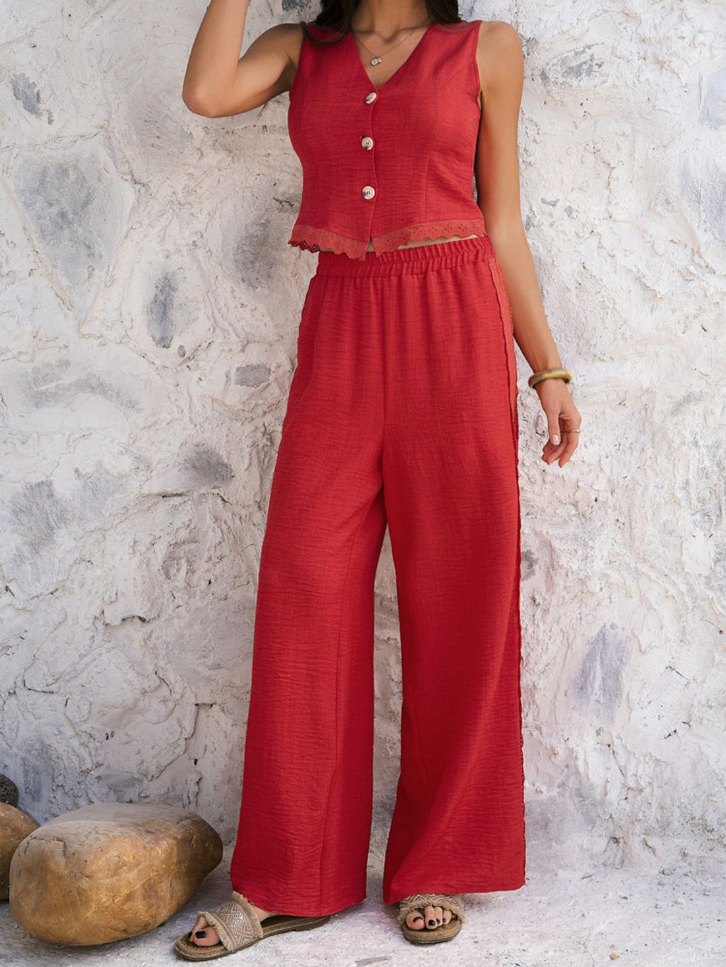 Devine Button Down Lace Detail Vest and Pants Set - ViarousViarousViarous