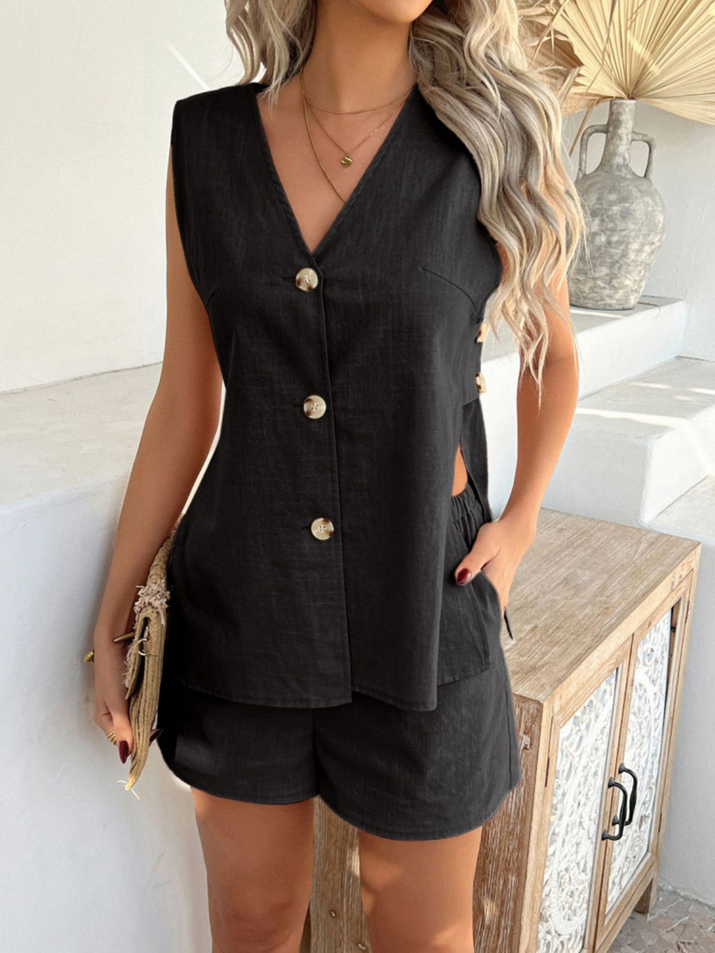 Devine Button Down V - Neck Tank and Shorts Set - ViarousViarousViarous
