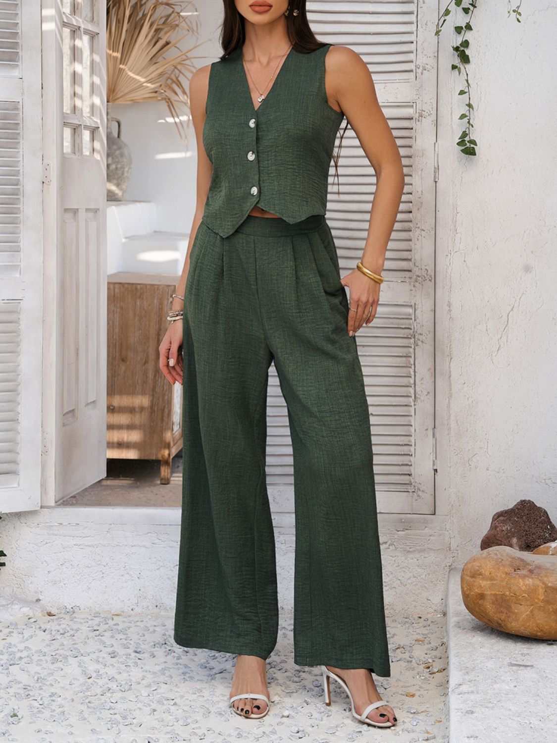 Devine Button Down Vest and Wide Leg Pants Set - ViarousViarousViarous