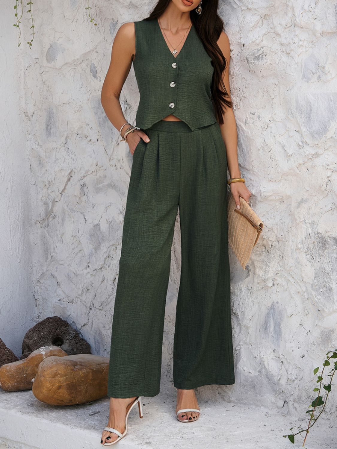 Devine Button Down Vest and Wide Leg Pants Set - ViarousViarousViarous