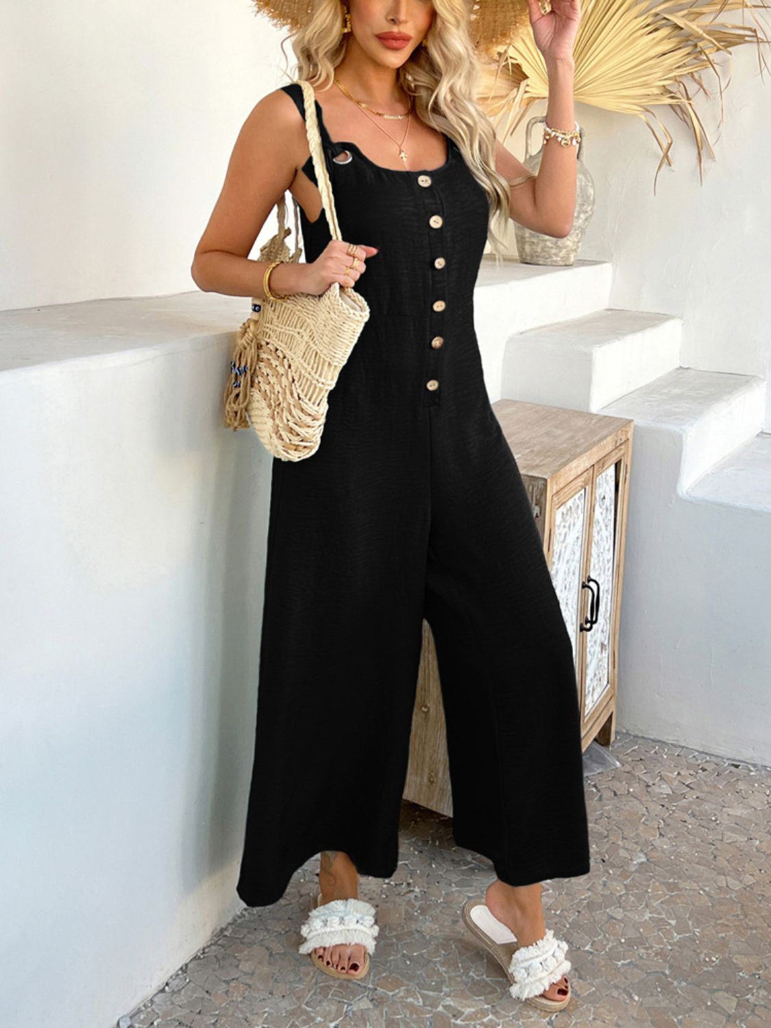 Devine Button Front Knotted Strap Wide Leg Jumpsuit - ViarousViarousViarous