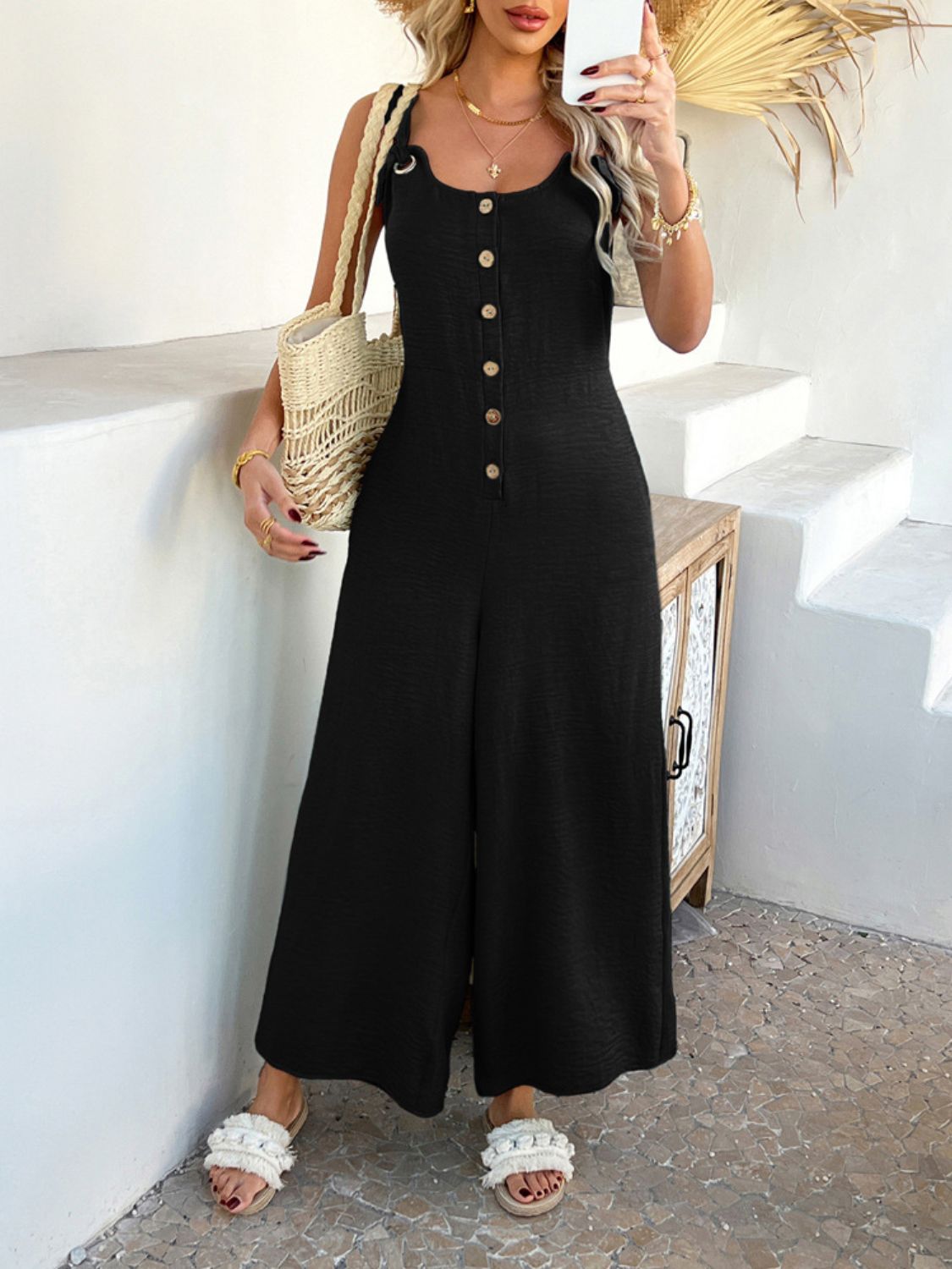 Devine Button Front Knotted Strap Wide Leg Jumpsuit - ViarousViarousViarous