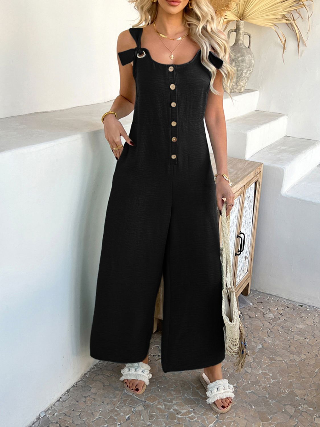 Devine Button Front Knotted Strap Wide Leg Jumpsuit - ViarousViarousViarous