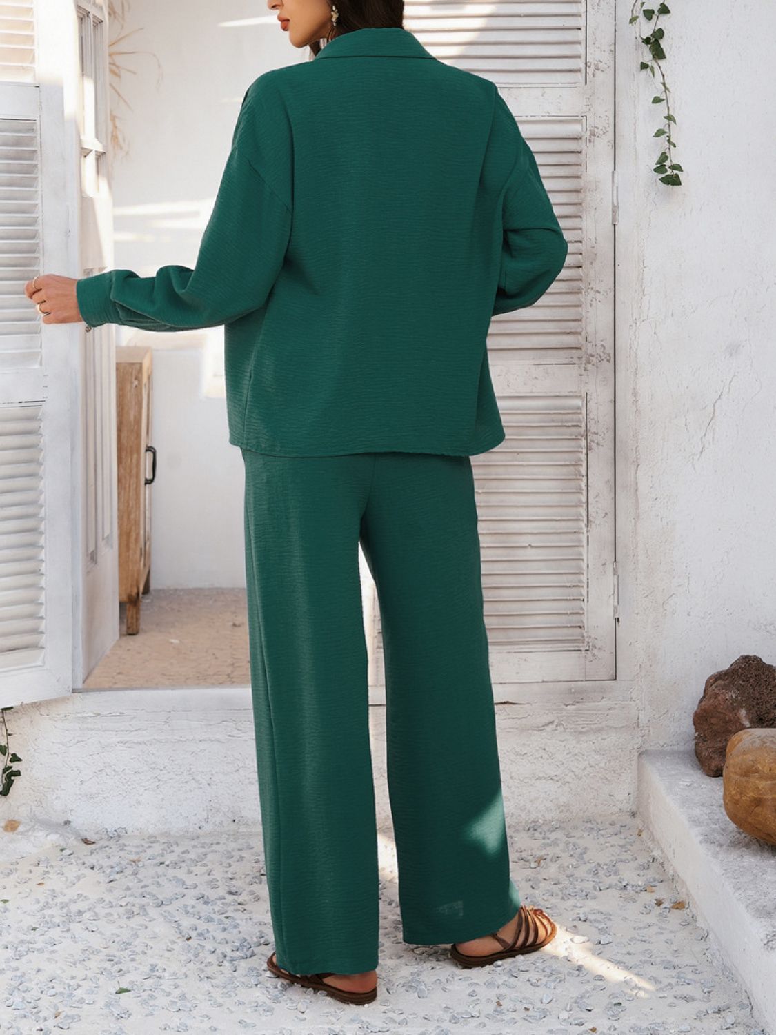 Devine Collared Neck Long Sleeve Top and Pants Set - ViarousViarousViarous