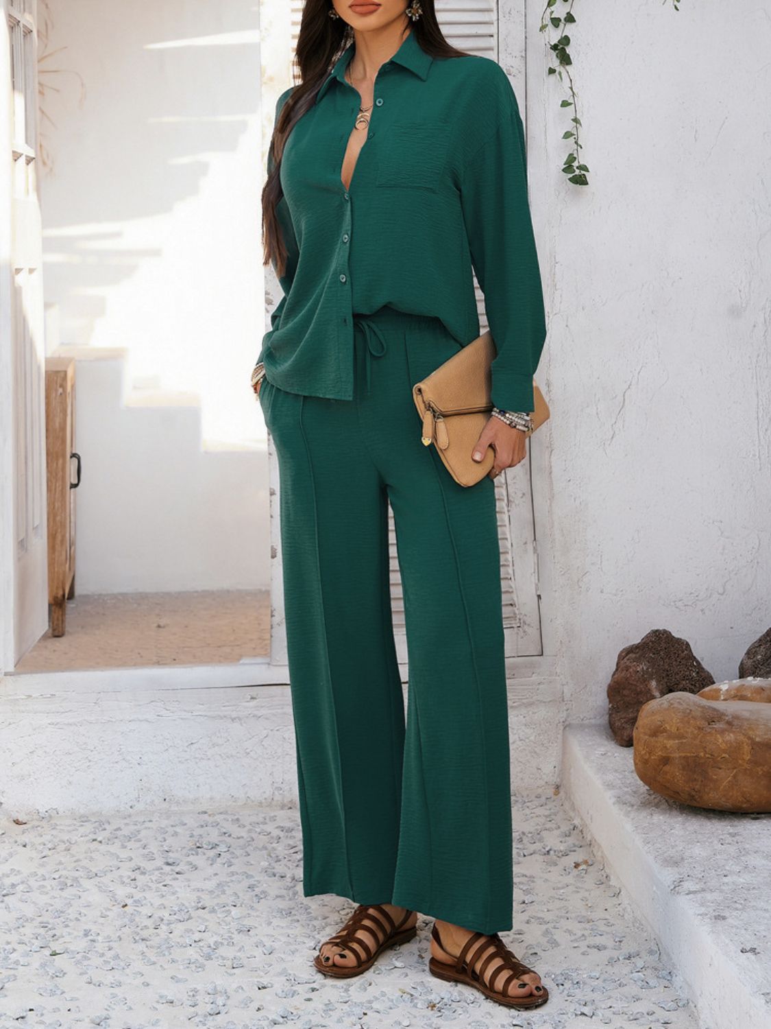 Devine Collared Neck Long Sleeve Top and Pants Set - ViarousViarousViarous