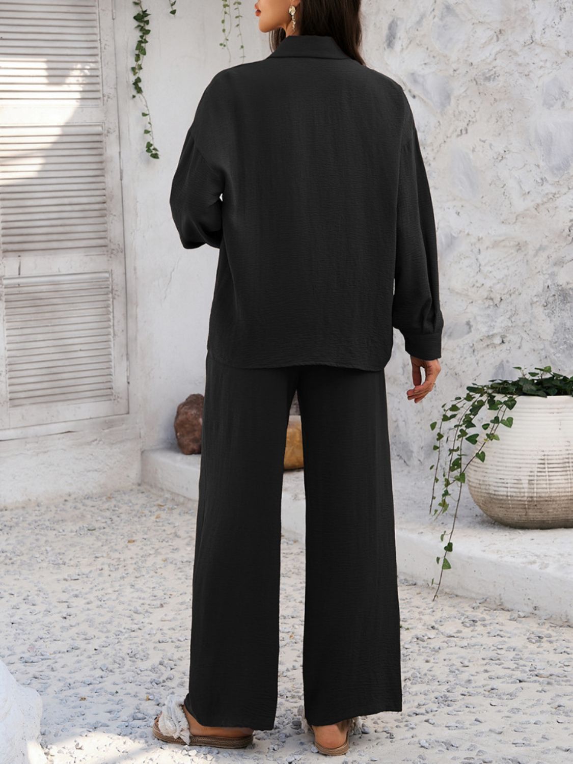 Devine Collared Neck Long Sleeve Top and Pants Set - ViarousViarousViarous