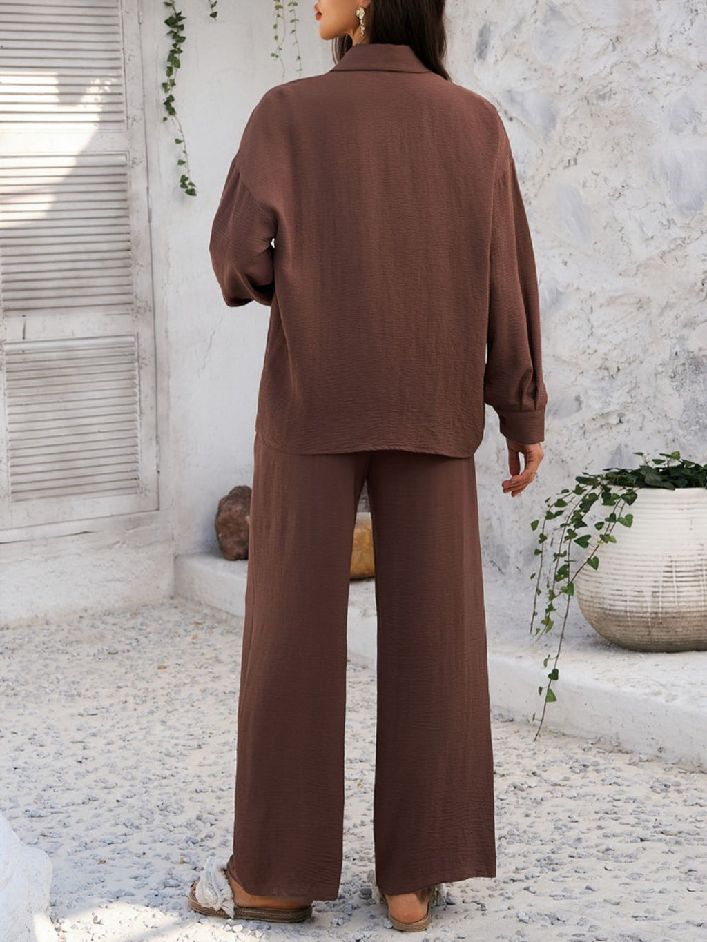 Devine Collared Neck Long Sleeve Top and Pants Set - ViarousViarousViarous