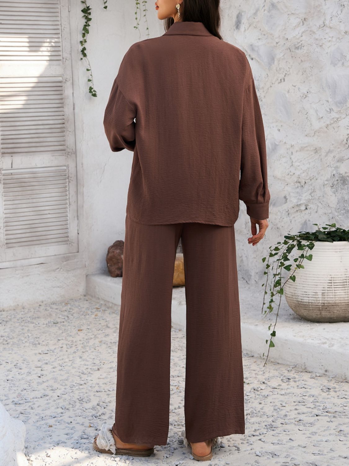 Devine Collared Neck Long Sleeve Top and Pants Set - ViarousViarousViarous