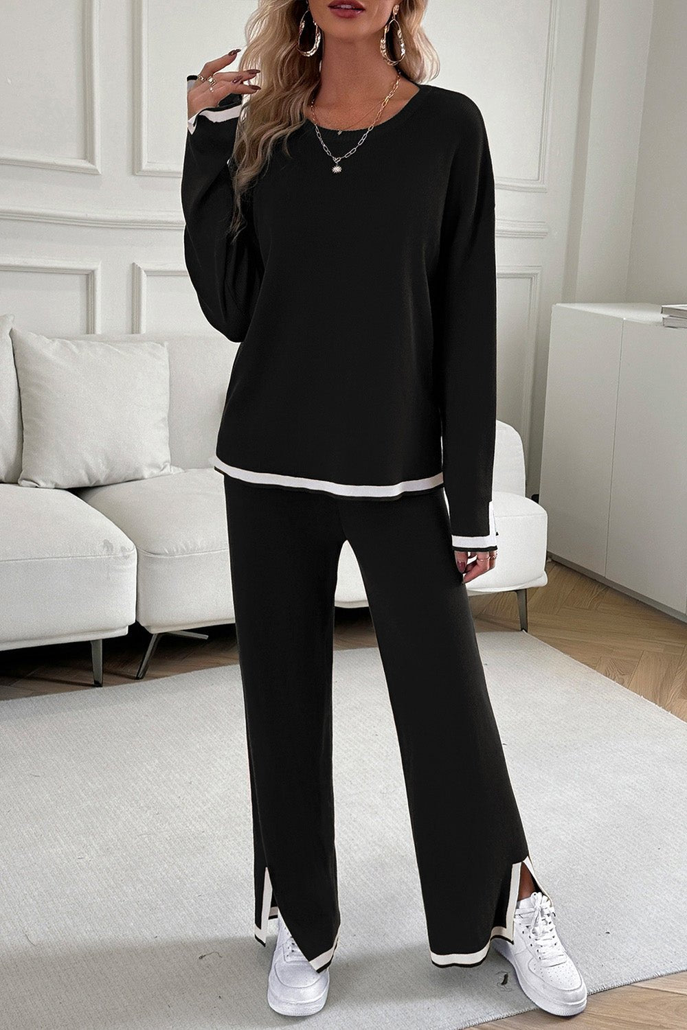 Devine Contrast Trim Round Neck Top and Pants Set - ViarousViarousViarous