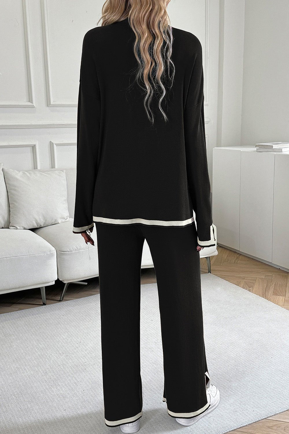 Devine Contrast Trim Round Neck Top and Pants Set - ViarousViarousViarous