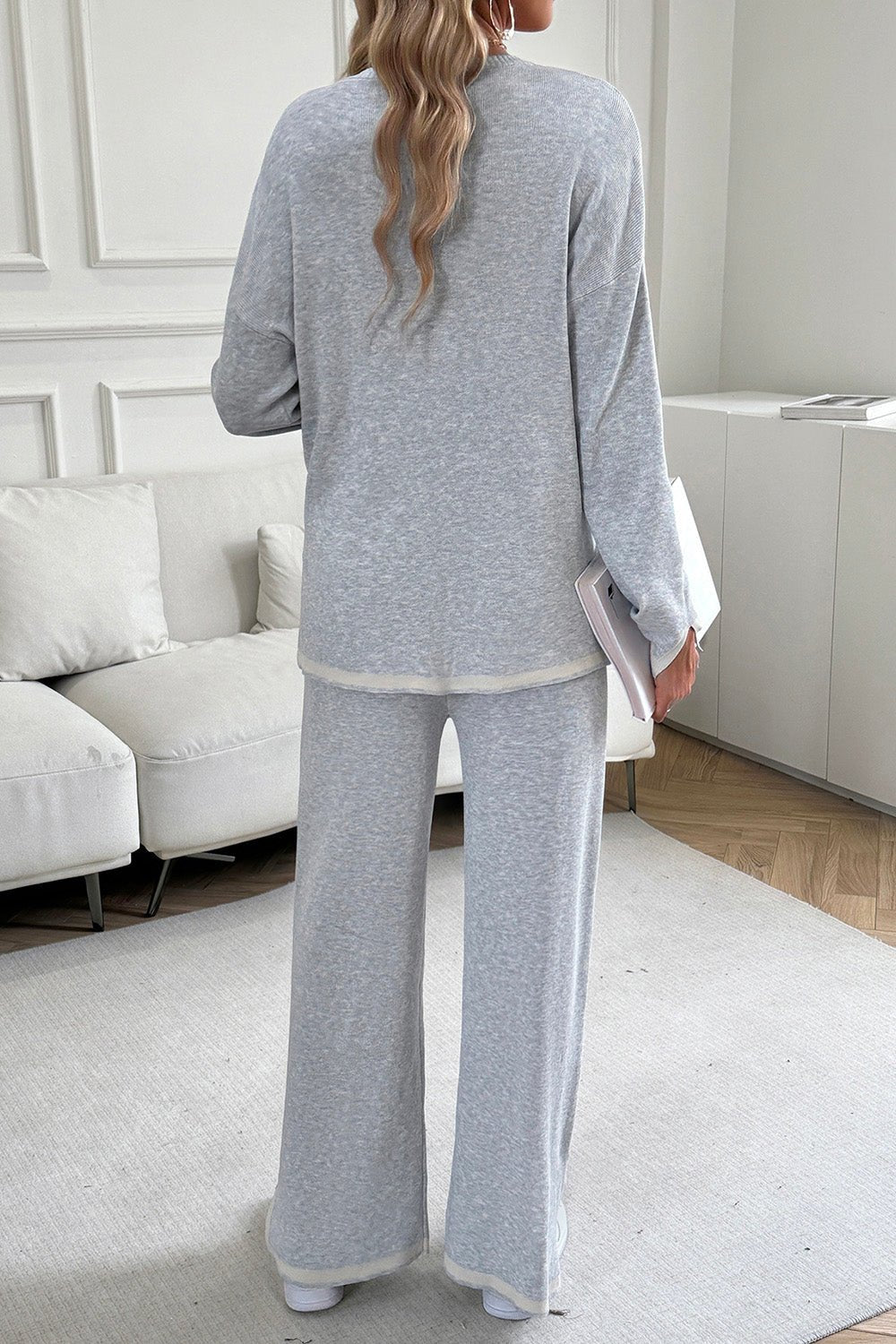 Devine Contrast Trim Round Neck Top and Pants Set - ViarousViarousViarous