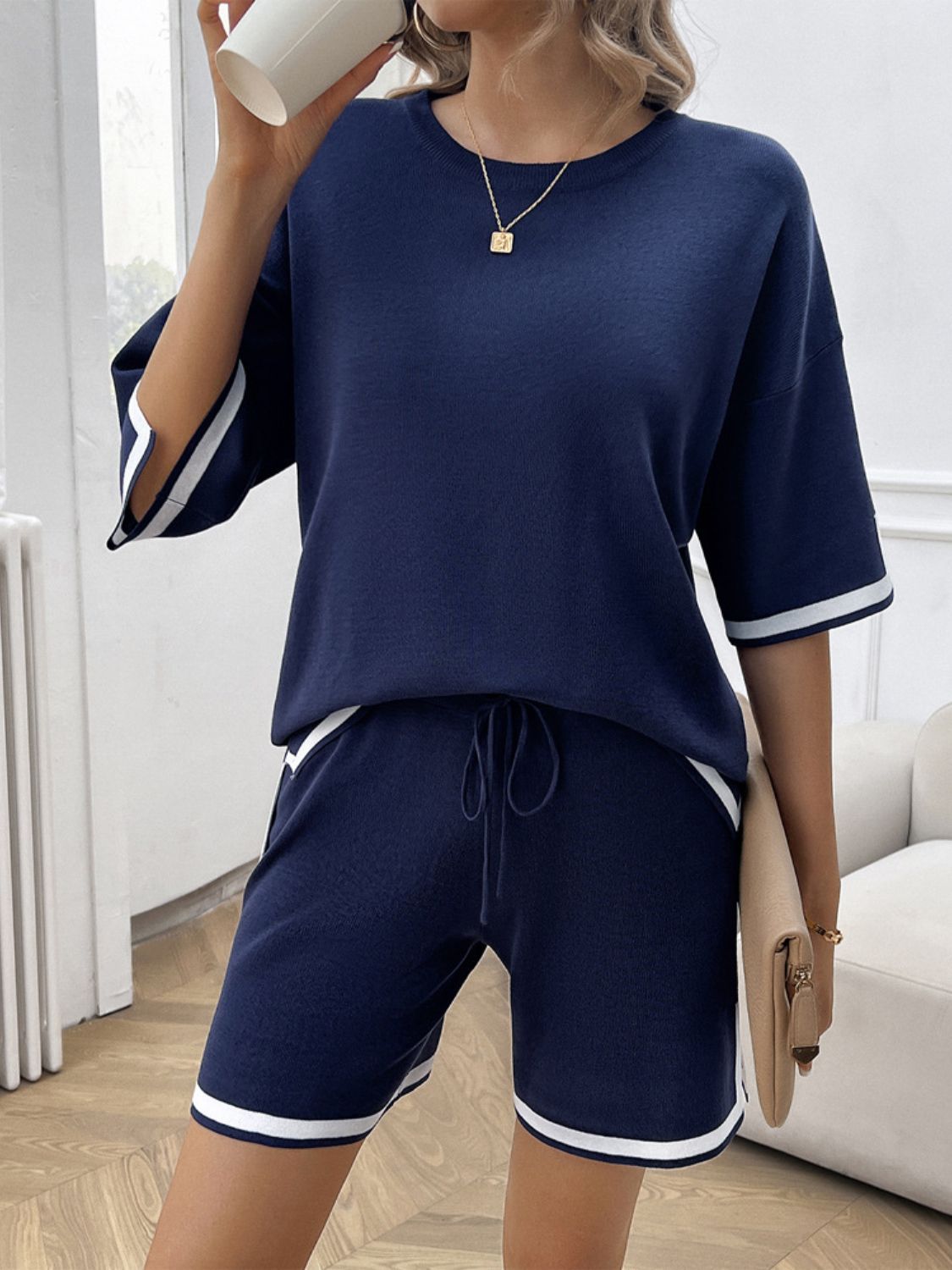 Devine Contrast Trim Round Neck Top and Shorts Set - ViarousViarousViarous