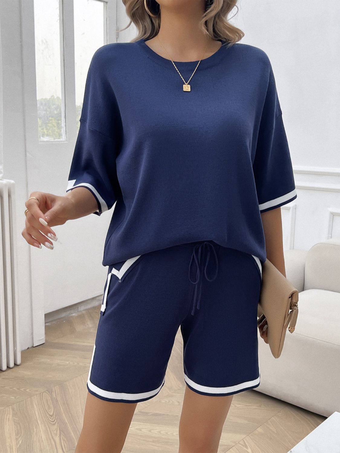 Devine Contrast Trim Round Neck Top and Shorts Set - ViarousViarousViarous