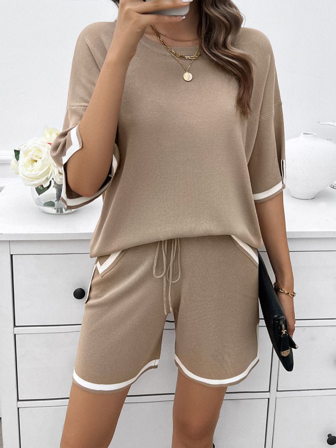 Devine Contrast Trim Round Neck Top and Shorts Set - ViarousViarousViarous