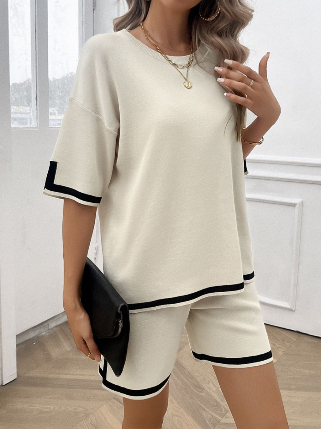 Devine Contrast Trim Round Neck Top and Shorts Set - ViarousViarousViarous