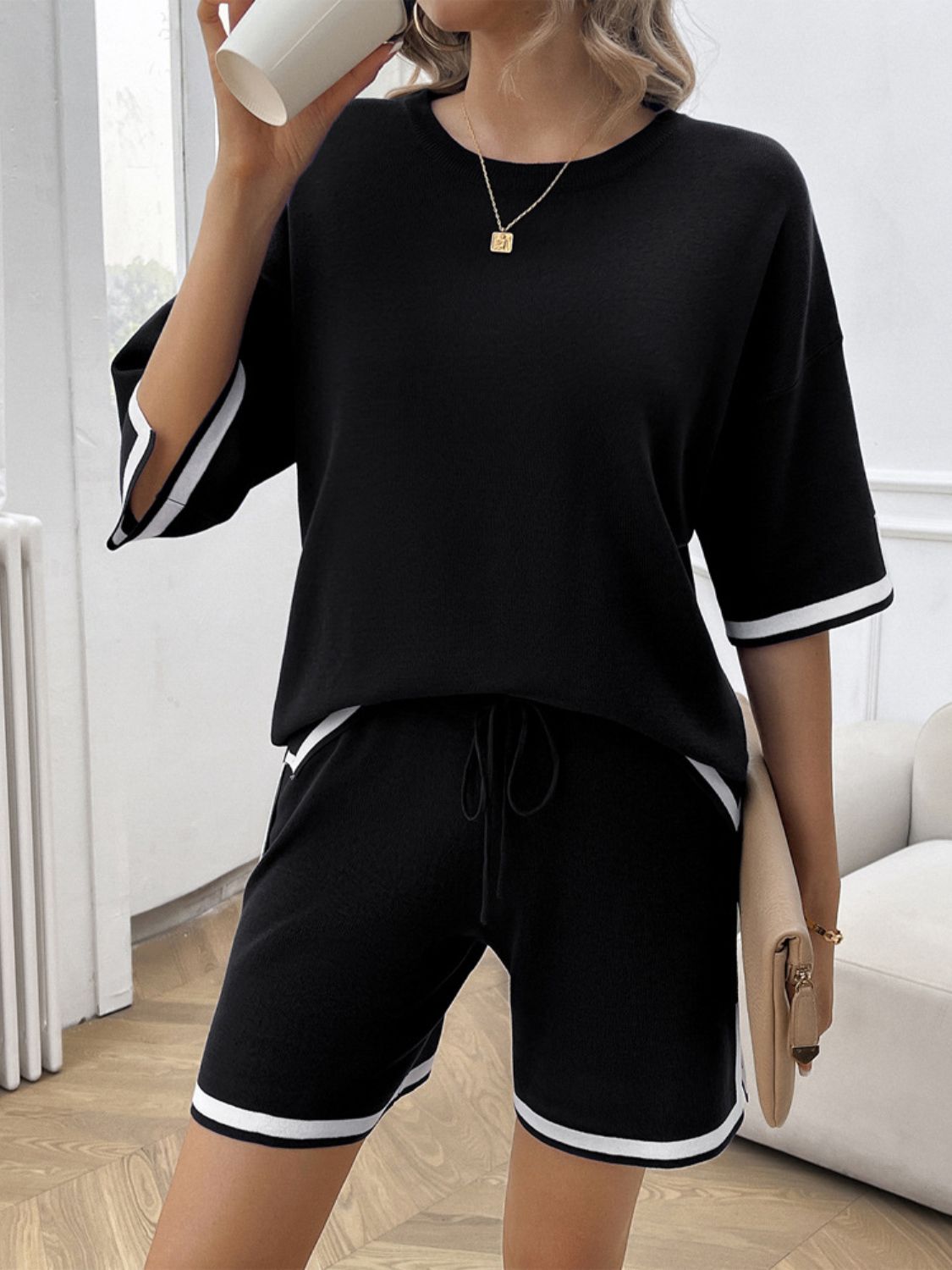 Devine Contrast Trim Round Neck Top and Shorts Set - ViarousViarousViarous