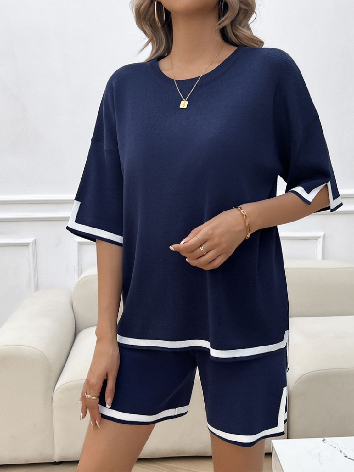 Devine Contrast Trim Round Neck Top and Shorts Set - ViarousViarousViarous