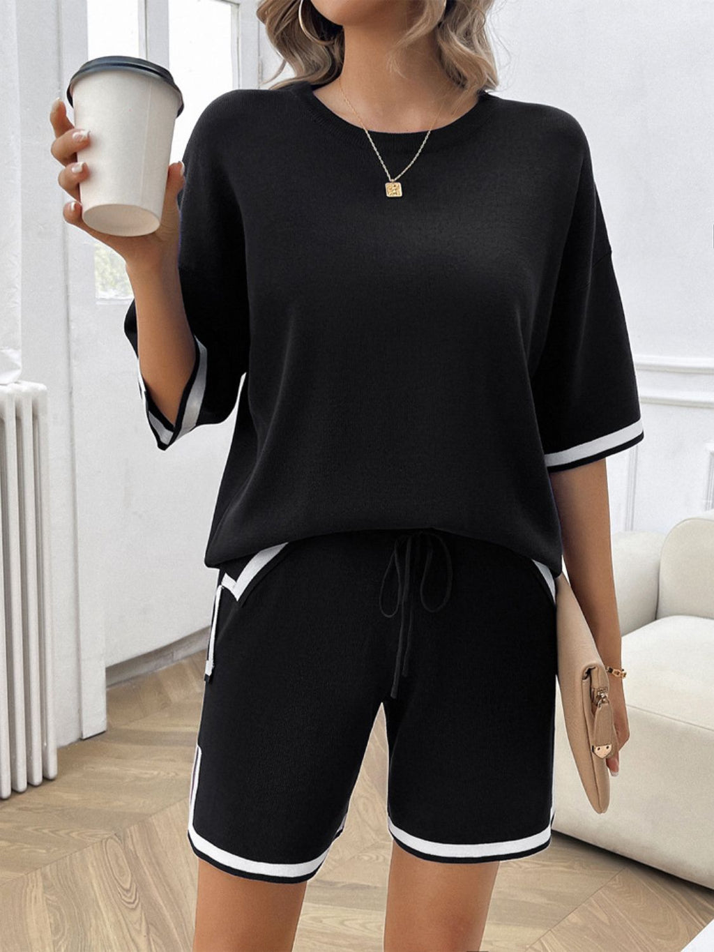 Devine Contrast Trim Round Neck Top and Shorts Set - ViarousViarousViarous