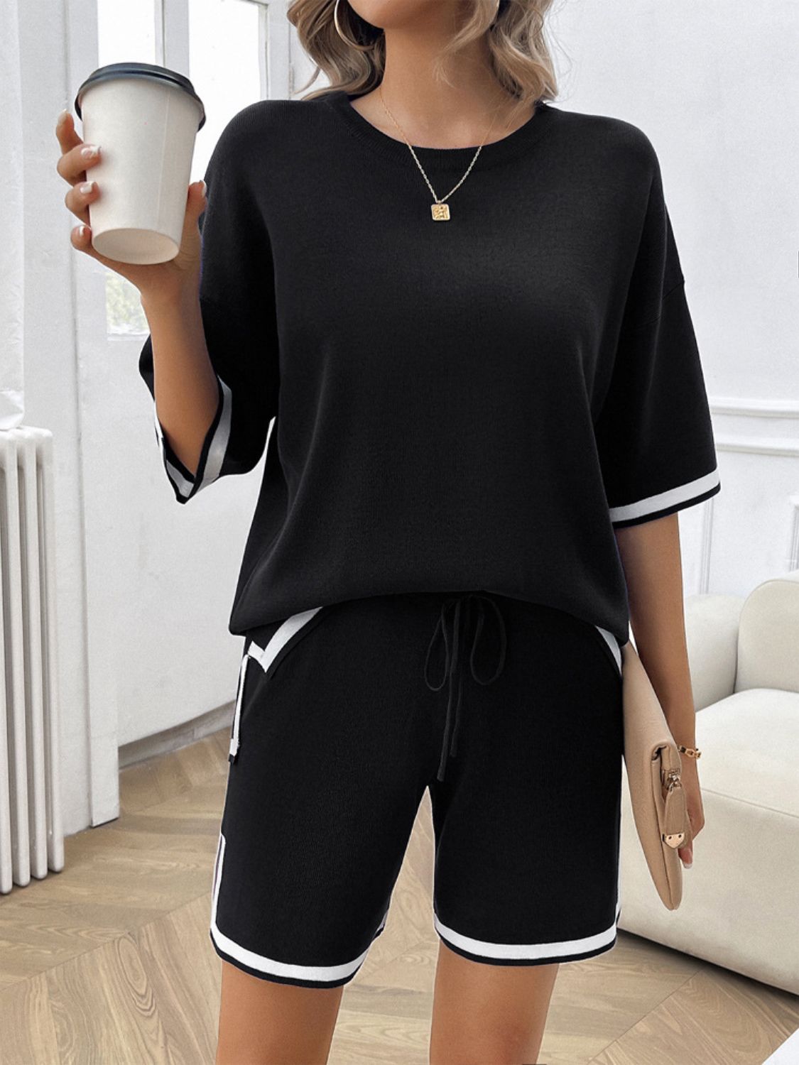 Devine Contrast Trim Round Neck Top and Shorts Set - ViarousViarousViarous