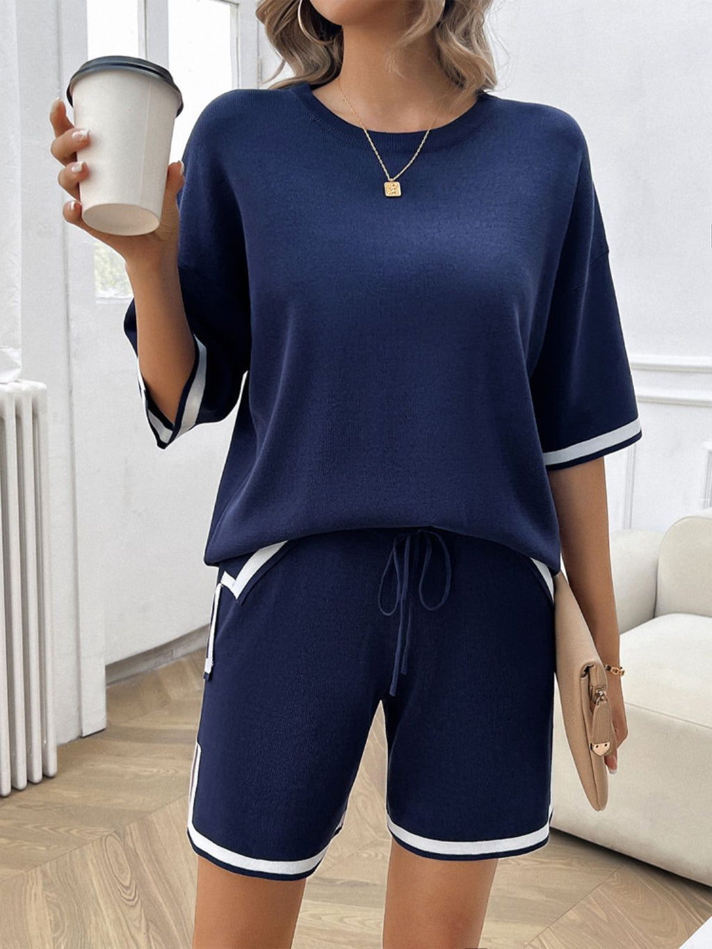 Devine Contrast Trim Round Neck Top and Shorts Set - ViarousViarousViarous