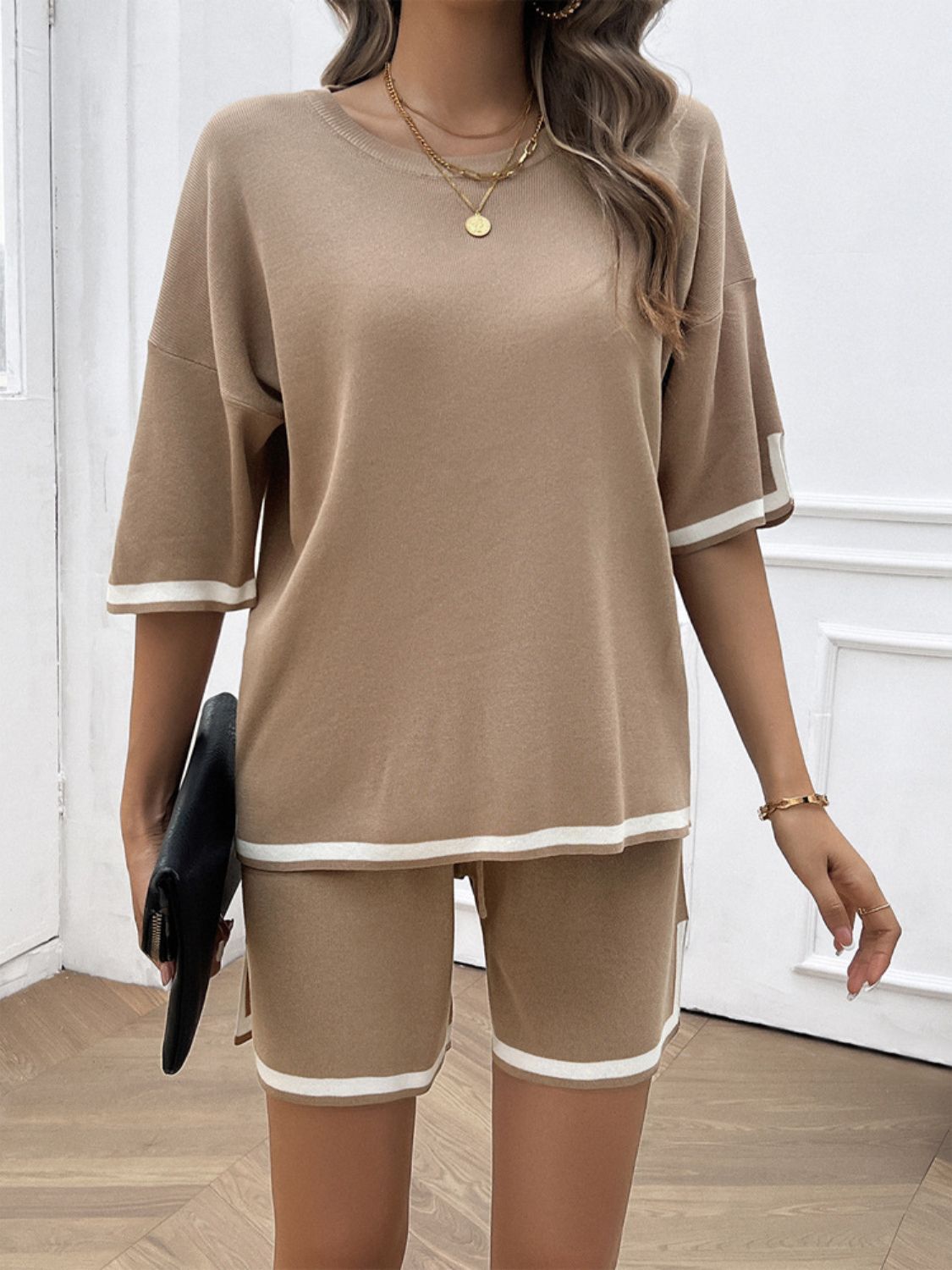 Devine Contrast Trim Round Neck Top and Shorts Set - ViarousViarousViarous