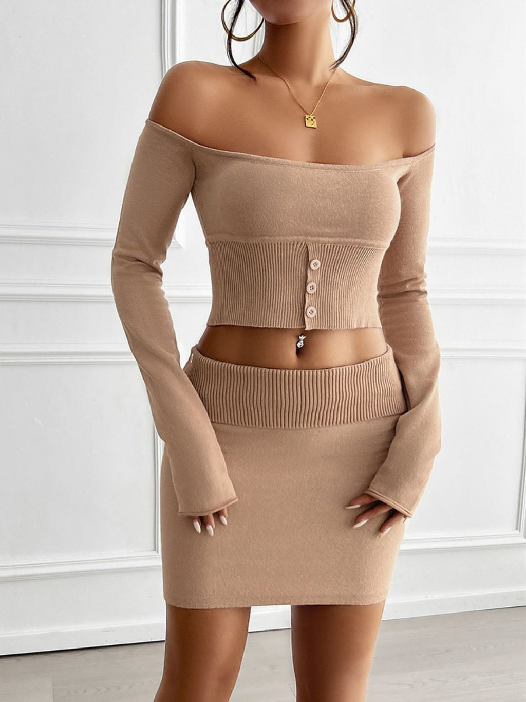 Devine Decorative Button Off - Shoulder Top and Skirt Set - ViarousViarousViarous