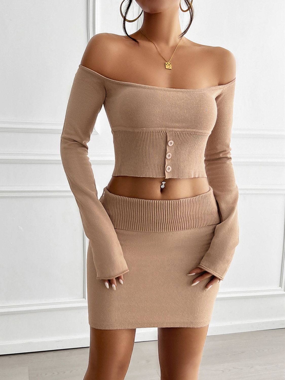 Devine Decorative Button Off - Shoulder Top and Skirt Set - ViarousViarousViarous
