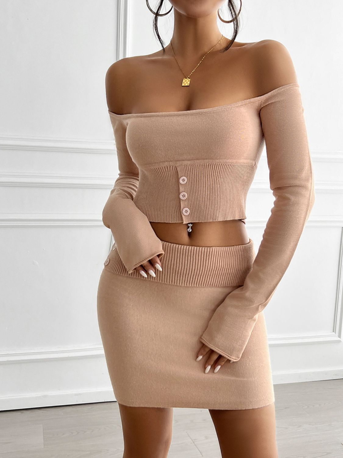 Devine Decorative Button Off - Shoulder Top and Skirt Set - ViarousViarousViarous