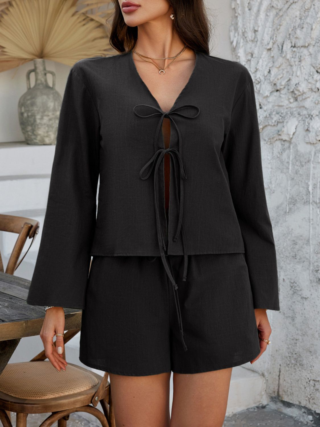 Devine Double Tied V - Neck Top and Shorts Set - ViarousViarousViarous