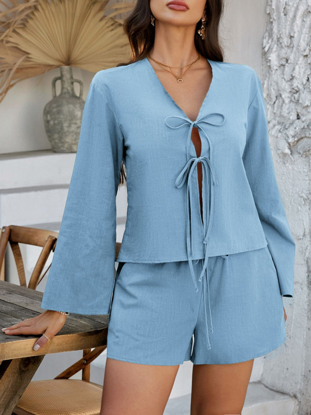 Devine Double Tied V - Neck Top and Shorts Set - ViarousViarousViarous