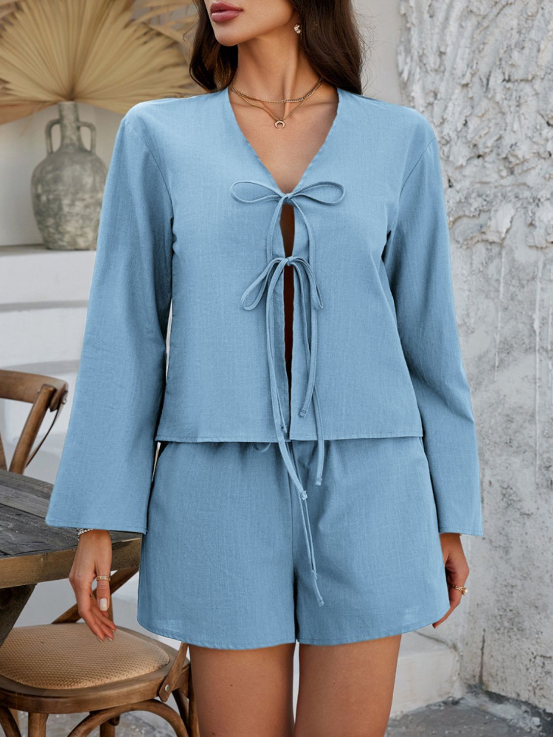 Devine Double Tied V - Neck Top and Shorts Set - ViarousViarousViarous