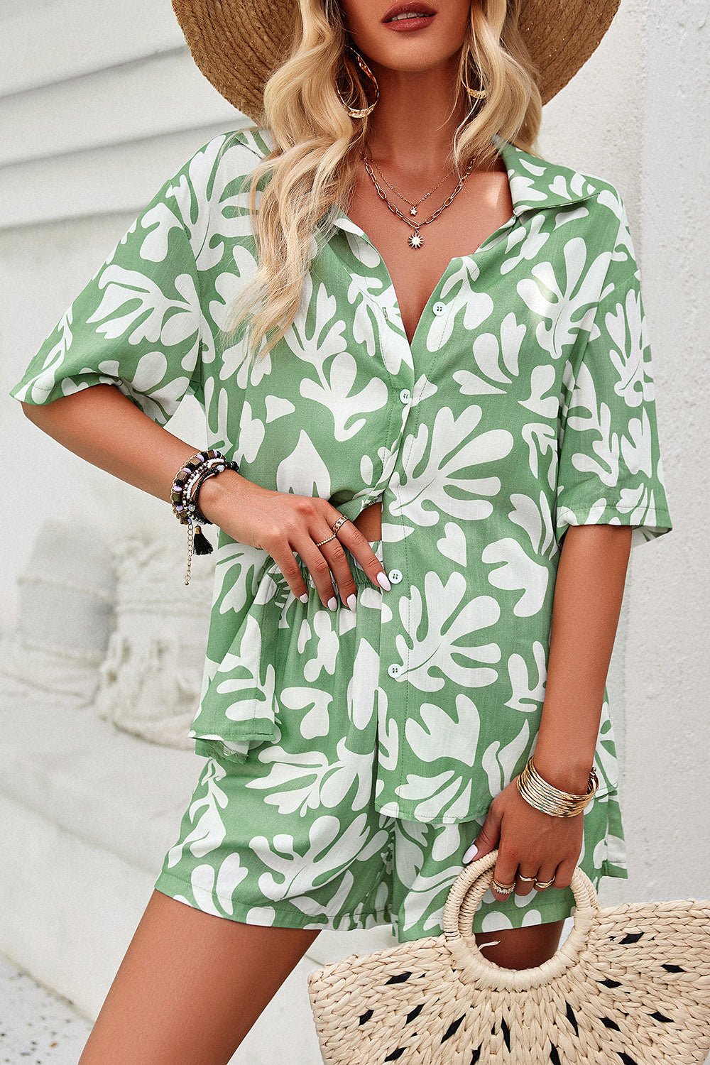 Devine Printed Button Up Shirt and Shorts Set - ViarousViarousViarous