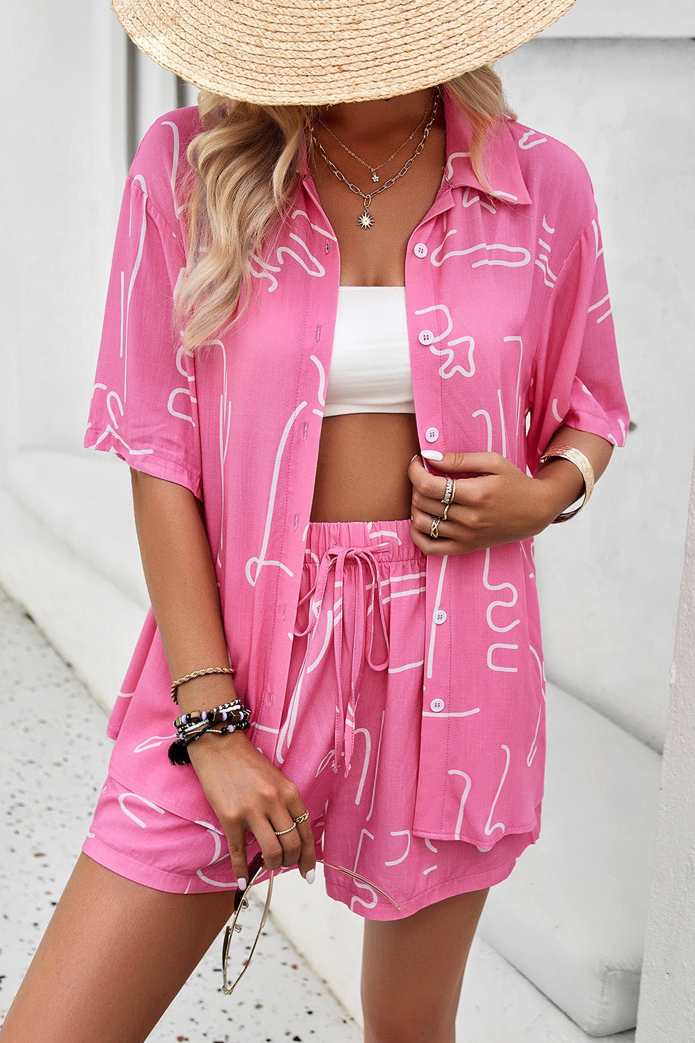 Devine Printed Button Up Shirt and Shorts Set - ViarousViarousViarous