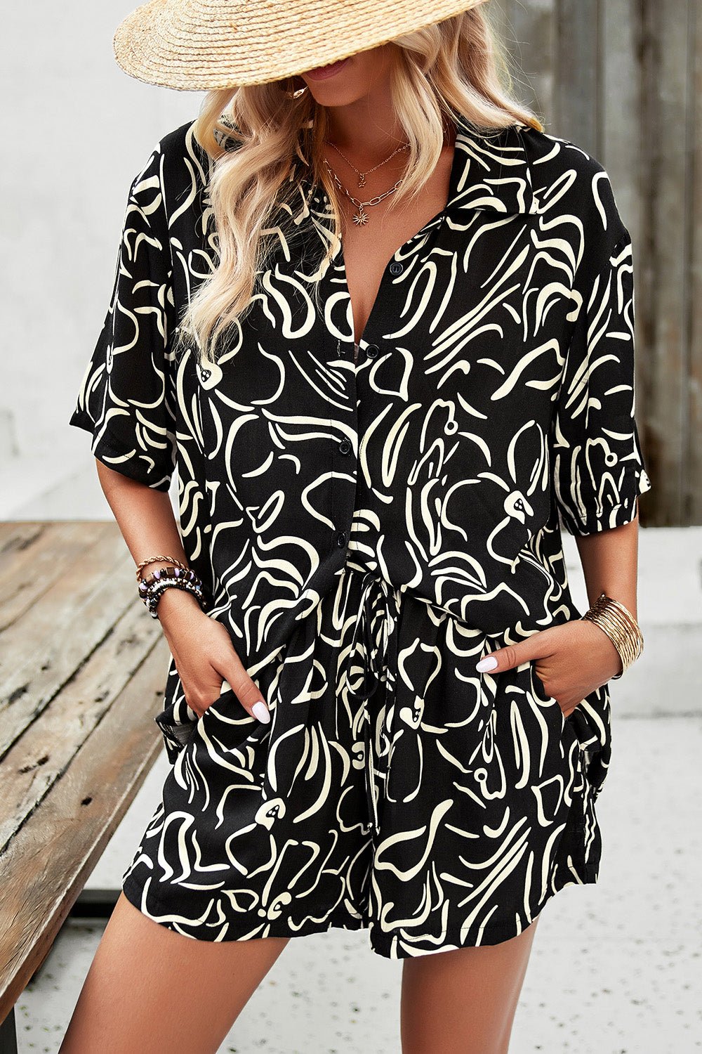 Devine Printed Button Up Shirt and Shorts Set - ViarousViarousViarous