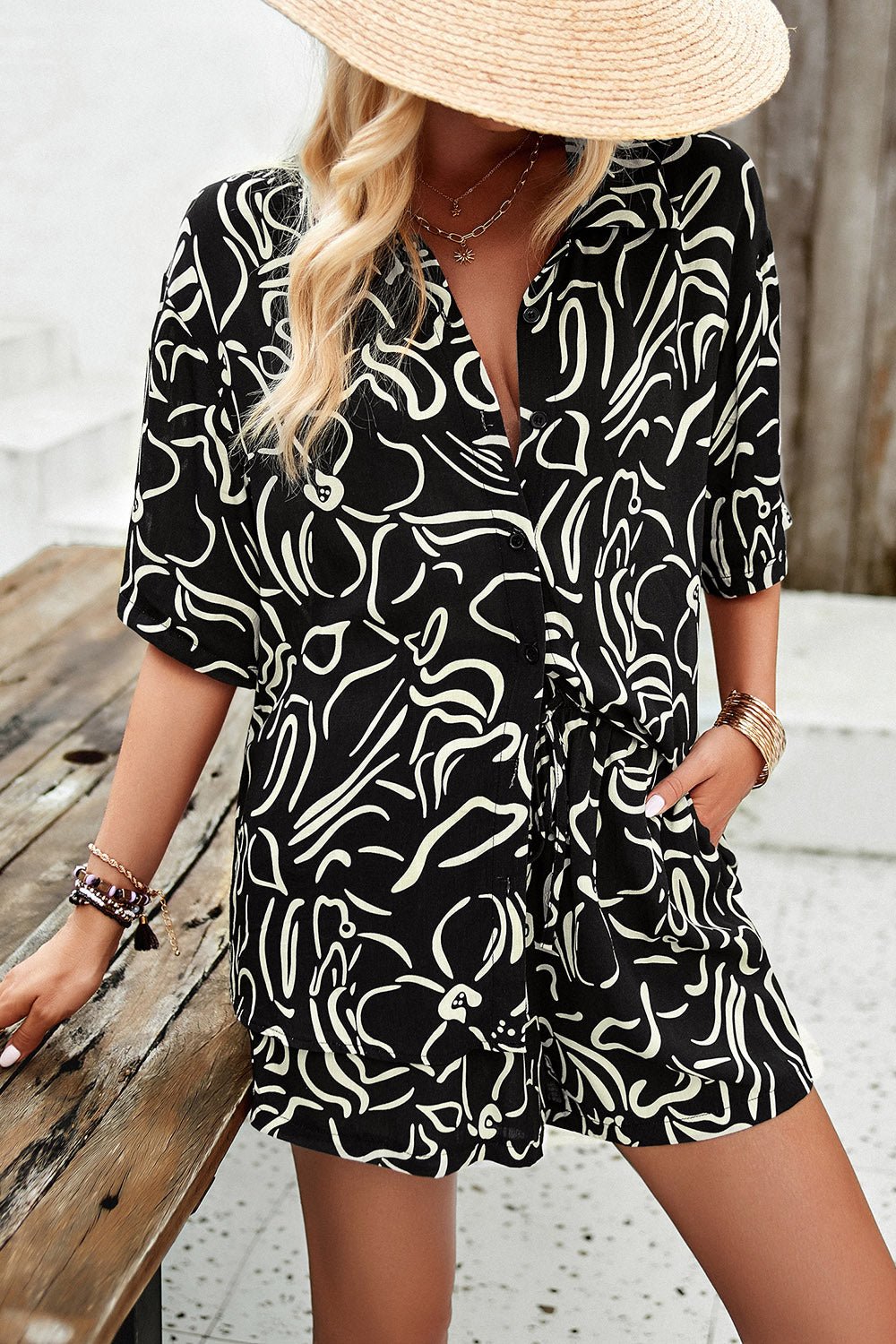 Devine Printed Button Up Shirt and Shorts Set - ViarousViarousViarous