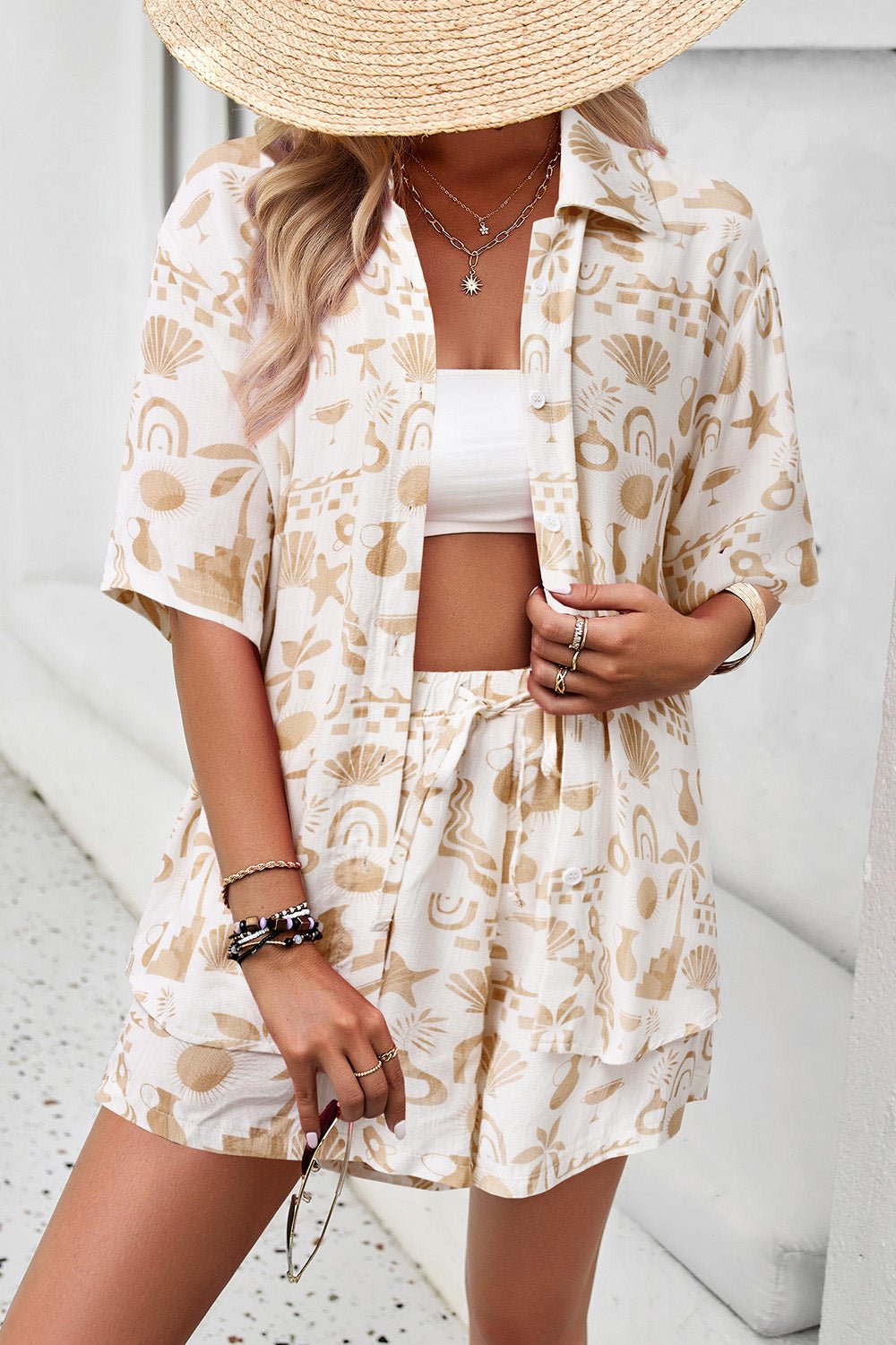 Devine Printed Button Up Shirt and Shorts Set - ViarousViarousViarous