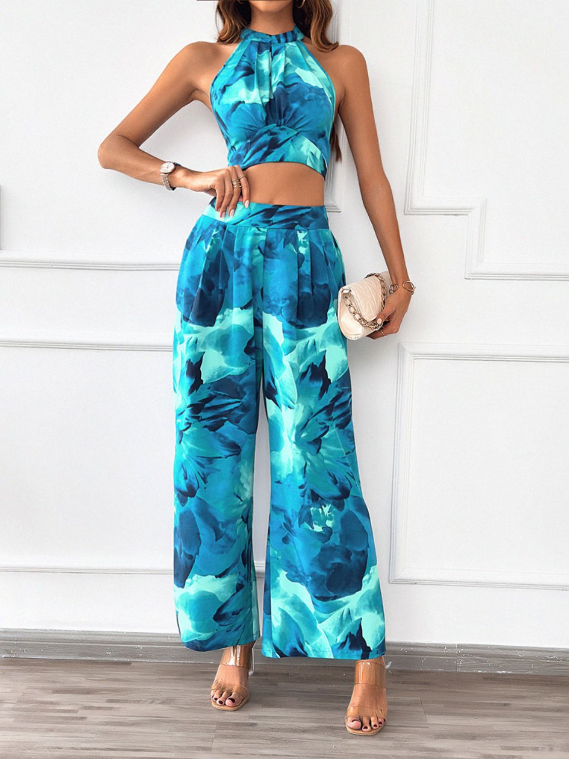 Devine Printed Halter Neck Top and Pants Set - ViarousViarousViarous