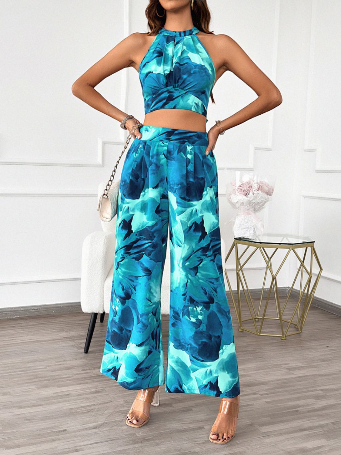 Devine Printed Halter Neck Top and Pants Set - ViarousViarousViarous