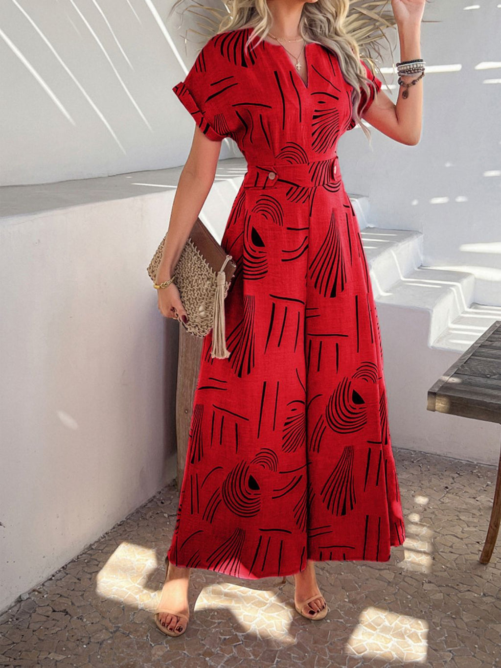Devine Printed Notched Short Sleeve Wide Leg Jumpsuit - ViarousViarousViarous