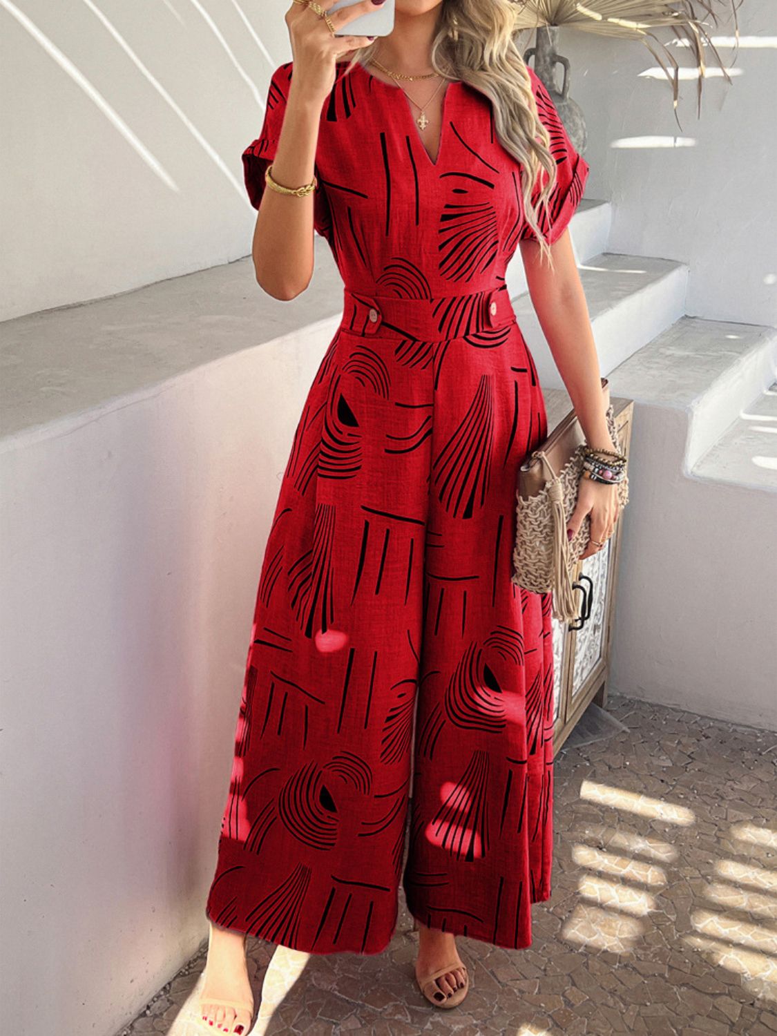 Devine Printed Notched Short Sleeve Wide Leg Jumpsuit - ViarousViarousViarous