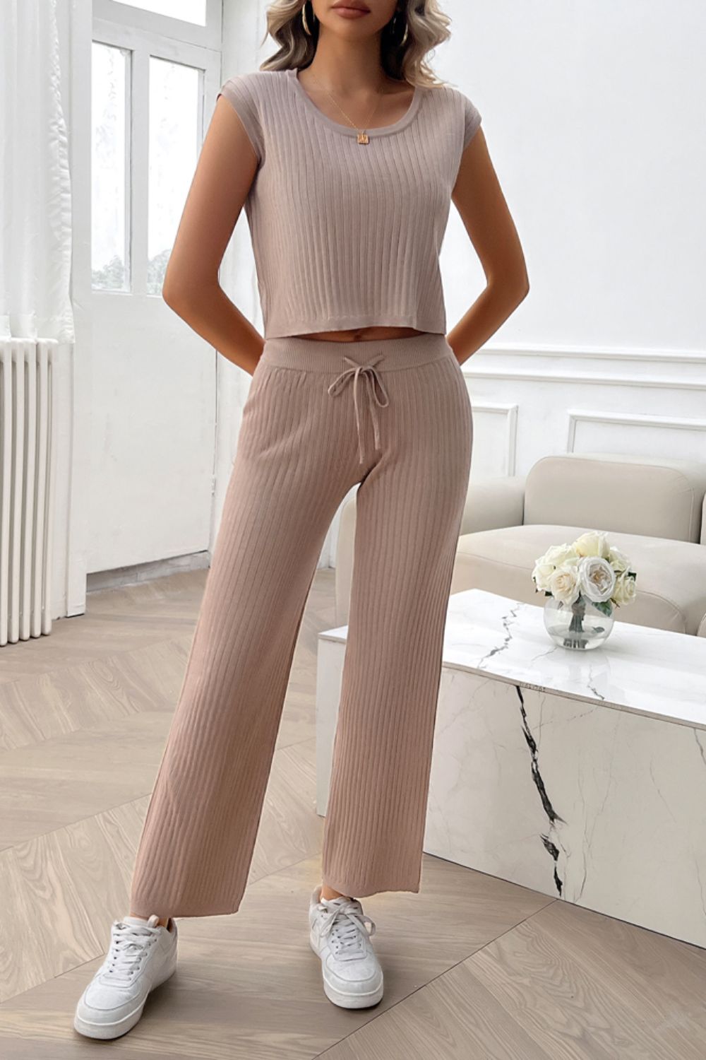 Devine Ribbed Round Neck Top and Pants Set - ViarousViarousViarous