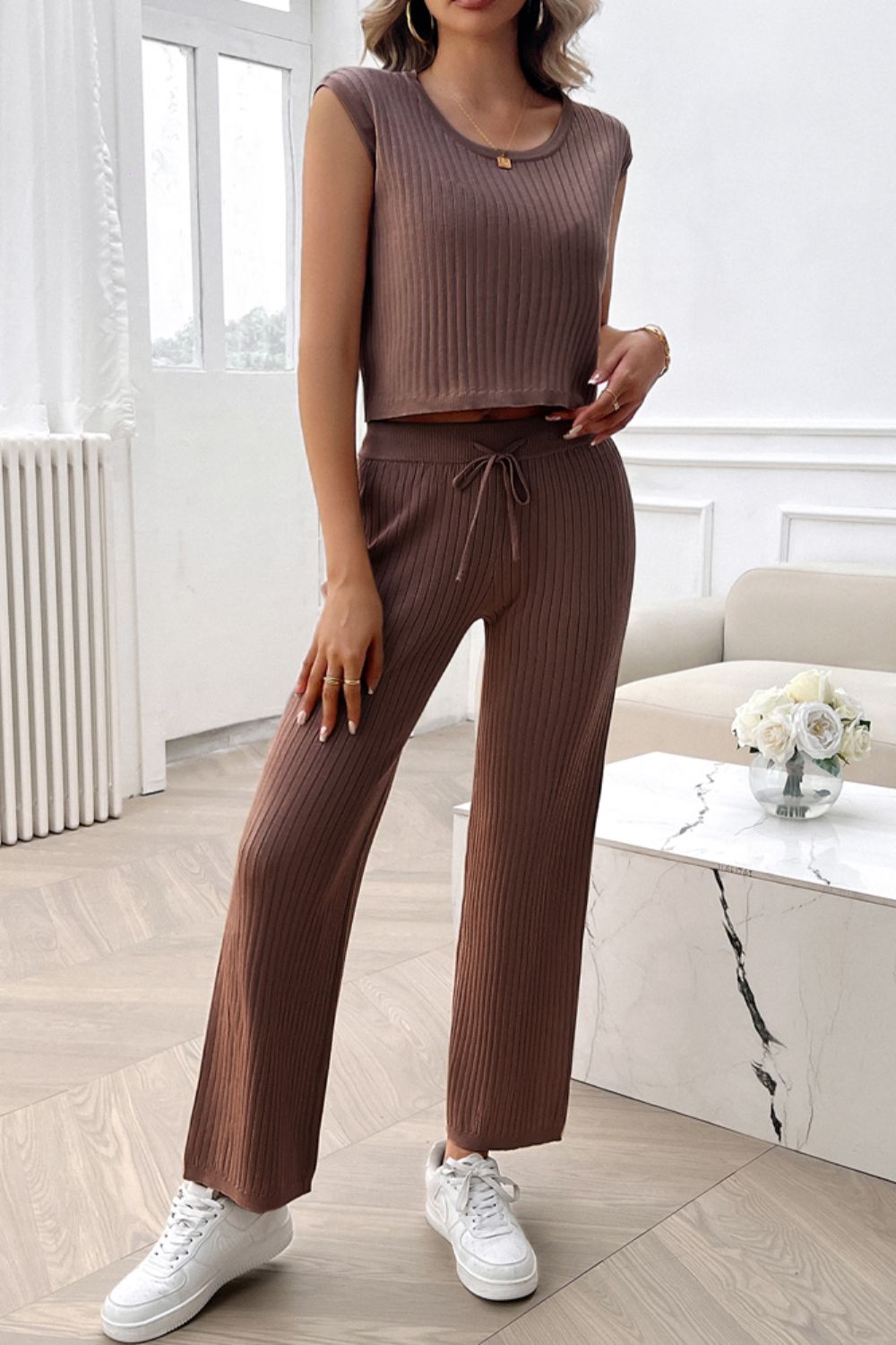 Devine Ribbed Round Neck Top and Pants Set - ViarousViarousViarous